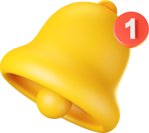 3D Notification Bell Icon. 3D Render Yellow Ringing Bell with New Notification for Social Media Reminder.